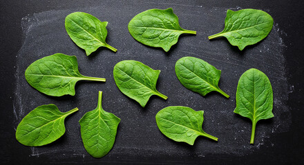 top view of fresh organic green spinach leaves isolated on black