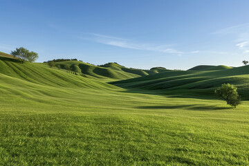 A scenic view of rolling green hills under a clear blue sky with scattered trees and lush grass fields