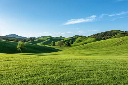 A serene landscape featuring rolling green hills trees and a clear blue sky with scattered clouds above them