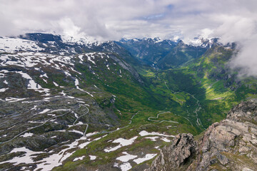 Beautiful view of Geiranger fjord from Dalsnibba and Flydalsjuvet viewpoint (Norway)