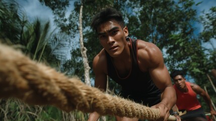 Two young men engaged in a competitive rope-pulling activity in a lush outdoor setting, showcasing strength and teamwork, ideal for advertising, marketing, website backgrounds, banners