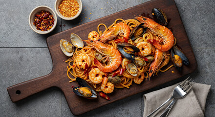 top view of delicious pasta with seafood on wooden cutting board on grey  weathered background