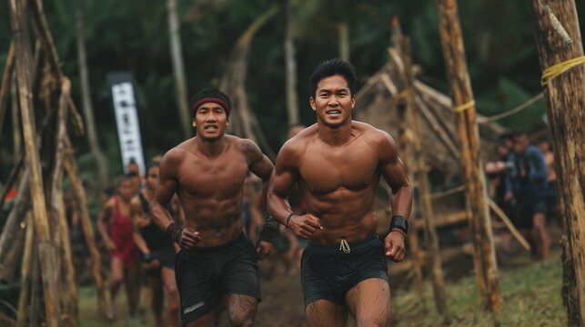 Two muscular men running energetically in an outdoor obstacle race surrounded by wooden structures and lush greenery, ideal for advertising, marketing, website backgrounds, banners