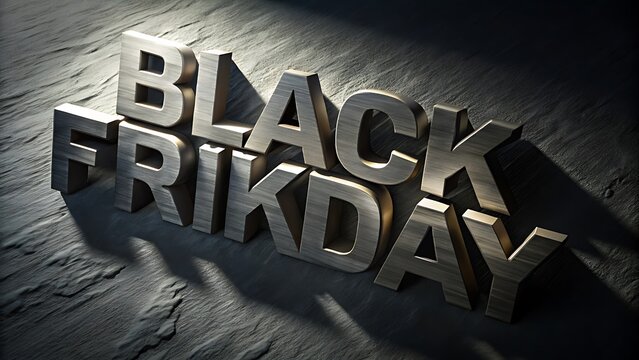 Bold metallic 3d text spelling out black friday, symbolizing major sales and discounts during the holiday shopping season