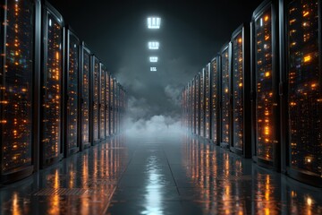 Server Room Vista: An expansive server room showcases an ordered grid of data servers, bathed in an ethereal, technological glow, signifying the power and scope of digital infrastructure.