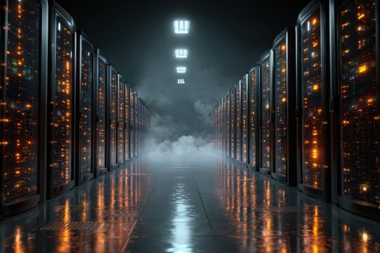 Server Room Vista: An expansive server room showcases an ordered grid of data servers, bathed in an ethereal, technological glow, signifying the power and scope of digital infrastructure.  - Powered by Adobe