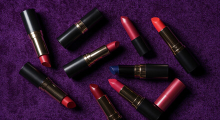 different shiny lipsticks in tubes on purple