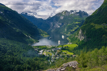 Beautiful view of Geiranger fjord from Dalsnibba and Flydalsjuvet viewpoint (Norway)