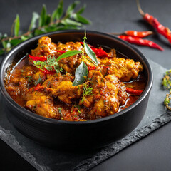 Fototapeta premium Chicken Madras Curry in black bowl on dark slate table top. Indian cuisine dish with with chicken meat and spicy masala gravy. Asian food and meal