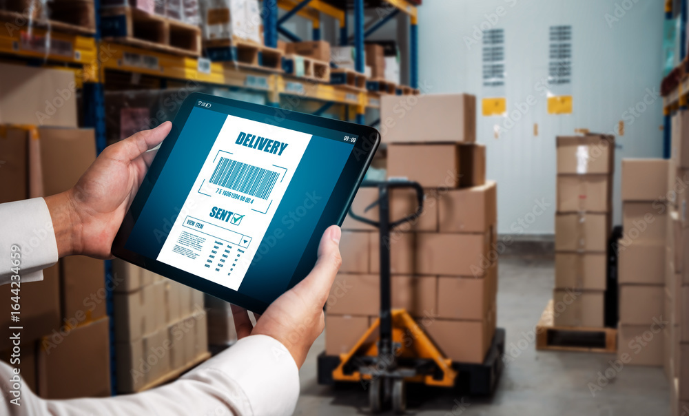 Poster warehouse management innovative software in computer for real time monitoring of goods package deliv