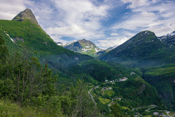 Storsæterfossen waterfall and surrounding area near Geiranger (Norway)