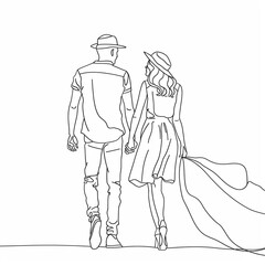 Couple in love in continuous line art drawing style. Loving man and woman standing facing each other holding hands black linear sketch