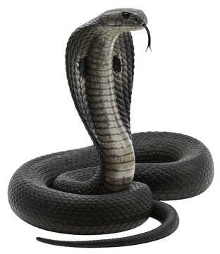 Black cobra, Naja naja, in a defensive pose with spread hood, on a transparent background, PNG