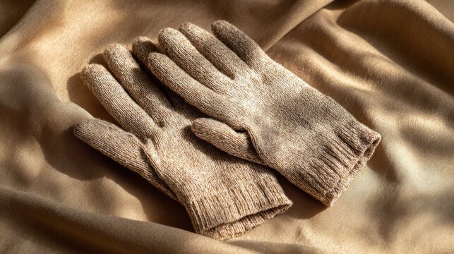 Soft beige wool gloves placed on a light fabric background  