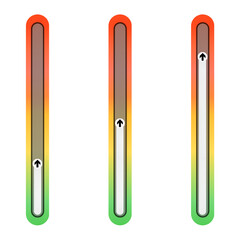 Colorful virtical progress medium, low, high level indicator set. Gradient color transition from green to red. Arrow direction shows improvement or movement.
