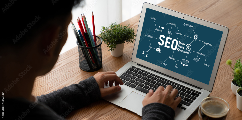 Poster seo search engine optimization for modish e-commerce and online retail business showing on computer 