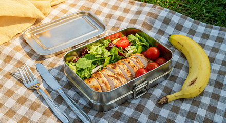 panoramic shot of lunch box with food near banana, knife and fork