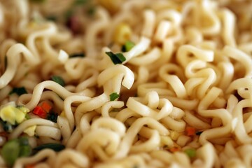 Noodles with spicy sauce and green onion chopped parts