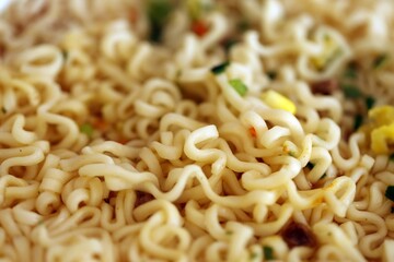 Noodles with spicy sauce and green onion chopped parts