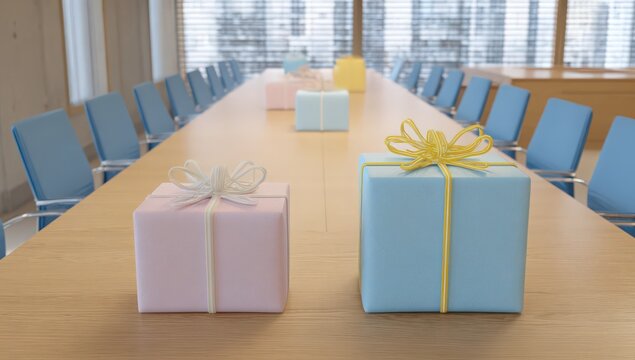 Gifted Meeting: A collection of elegantly wrapped presents sits atop a long, polished wooden conference table, inviting a sense of anticipation within a modern meeting room setting.
