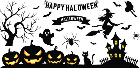Halloween silhouette illustration, spooky pumpkins, haunted house, witch flying broomstick, black cat, bats, ghost, spider
