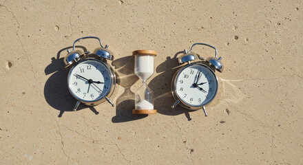 top view of classic alarm clocks and hourglass on beige background
