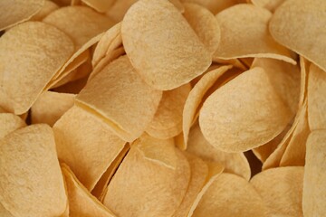 Homemade Flavored Paprika Potato Chips in a Bowl, top view. Flat lay