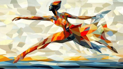 Cubist Portrait of a Dancer: A striking cubist portrait of a dancer in motion, with fragmented shapes and angular lines representing the fluidity and grace of her movements. Her body is abstracted in 