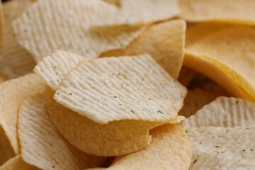 Homemade Flavored Paprika Potato Chips in a Bowl, top view. Flat lay