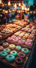 Fototapeta premium A Sweet Display of Temptation: Rows of colorful donuts tantalize with their vibrant glazes and tempting textures, inviting a sweet indulgence at a bustling outdoor market.