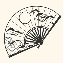 Japanese Fan Illustration with Waves and Sun in Black and White Vector Art