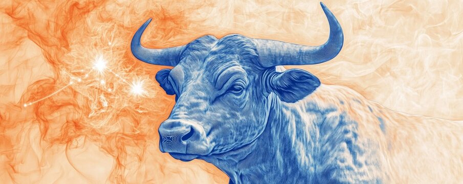Blue Zodiac Bull, Orange Nebula, Taurus, Astrology