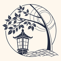 Japanese Garden Lantern Vector Design with Tree and Moon for Cultural Decoration