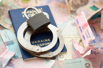 Big amount of different Ukrainian hryvnia money bills and passport, handcuffs and padlock