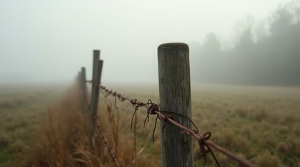 A wooden fence post with rusted barbed wire stretches into a foggy field, creating a sense of isolation. Rural landscape concept.