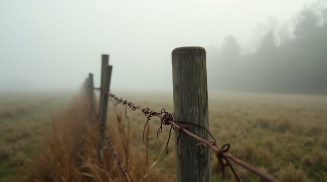 A wooden fence post with rusted barbed wire stretches into a foggy field, creating a sense of isolation. Rural landscape concept. - Powered by Adobe