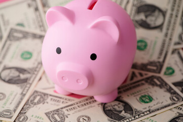 Piggy bank on dollar bills symbolizes saving and financial planning