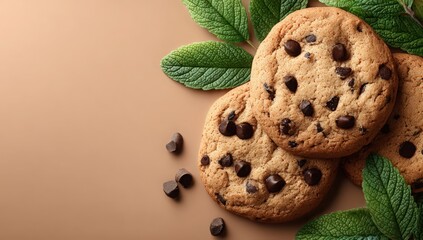 Cookie Delight: An enticing array of freshly baked chocolate chip cookies, adorned with vibrant green leaves, creating a delightful visual treat on a neutral background.