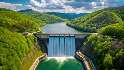 Fototapeta premium Aerial View of Large Hydroelectric Power Dam in Lush Green Valley