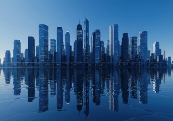 Fototapeta premium Modern city skyline reflected in calm water under a clear blue sky