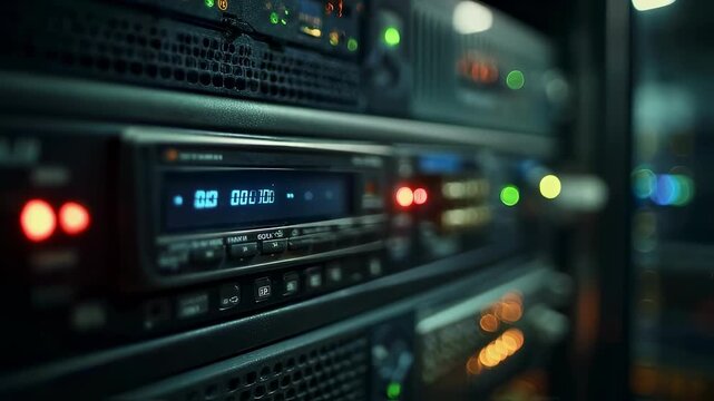 Closeup medium shot of a sleek satellite IP gateway panel displaying network activity lights with the surrounding broadcast equipment softly blurred highlighting lowlatency OTT