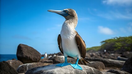 Close Up of Blue Footed Booby Bird with Bright Blue Feet in Natural Coastal Environment