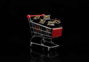 Miniature shopping cart overflowing with wrapped black gift boxes, ready to give.