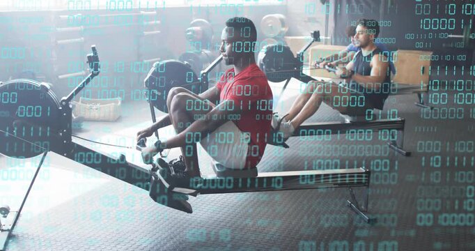 Rowing partners powering rowing machines from catch to finish with binary overlay for data tracking