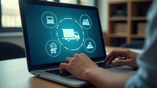 Procurement Management Industry concept. Person using laptop with procurement icon on virtual screen for with supply chain and retail logistics..