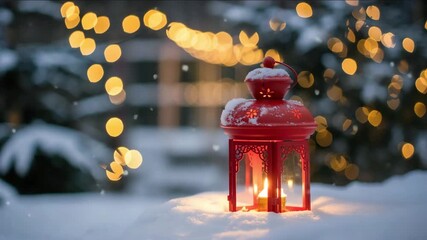 Warm glowing lantern with flickering candle on snowy surface, surrounded by enchanting bokeh lights, perfect for festive winter ambiance and holiday cheer. - Powered by Adobe