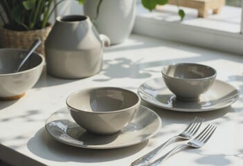 Clean dishes and utensils arranged on a domestic kitchen sink