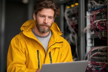 Tech Specialist in Server Room: A focused tech expert, clad in a yellow jacket, meticulously examines a laptop within a server room, surrounded by the intricate network of cables and equipment.