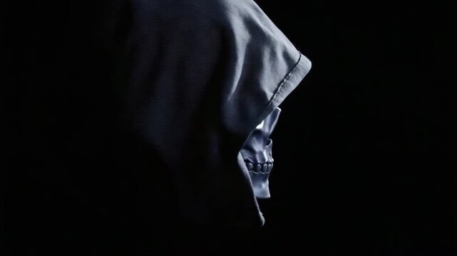 A skull with a hood over it is shown in a dark background. The skull is surrounded by a black hood, which gives it a mysterious and ominous appearance. Concept of fear and unease