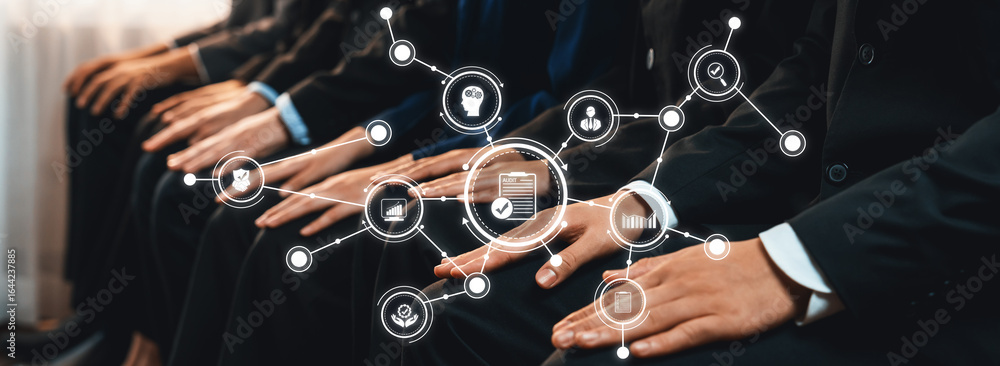 Aufkleber a group of business professionals in suits engage in a networking session, showcasing a digital inte